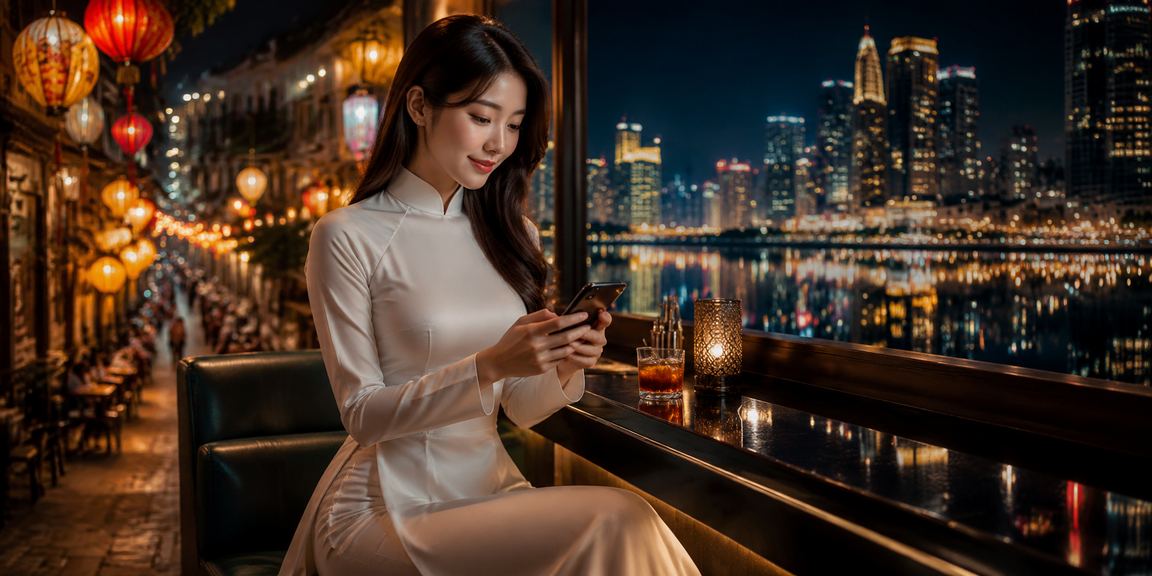 Phụ nữ Hà Nội mặc áo dài theo dõi kết quả cá cược thể thao trực tuyến trên điện thoại